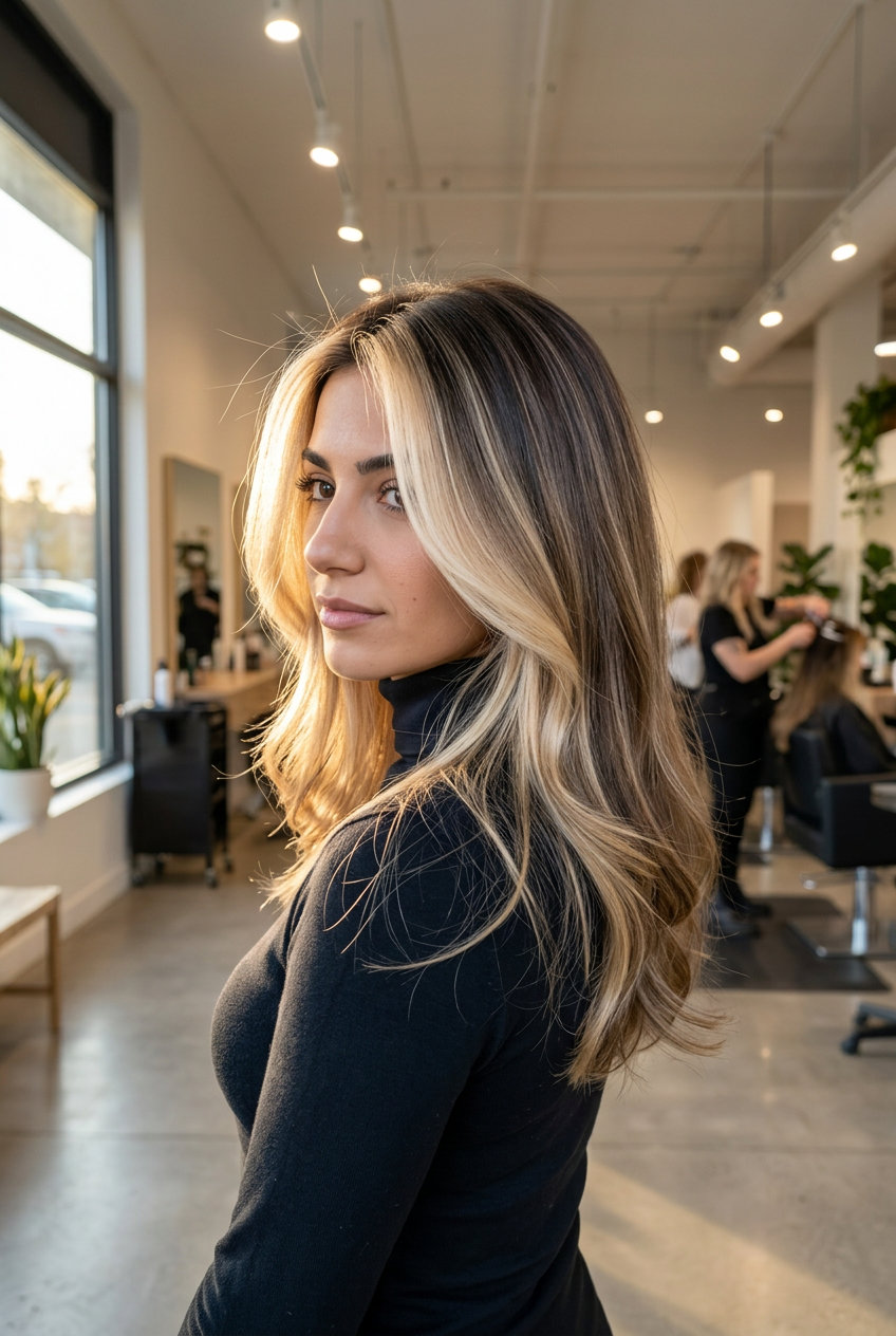 long champagne blonde money pieces on dark brunette with cool-neutral for playful