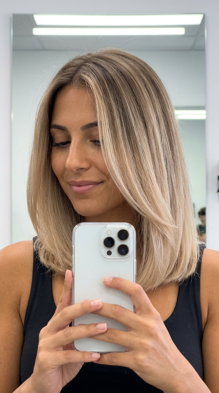 long champagne blonde ombre hair with beige to champagne blonde, wet balayage — chic professional style