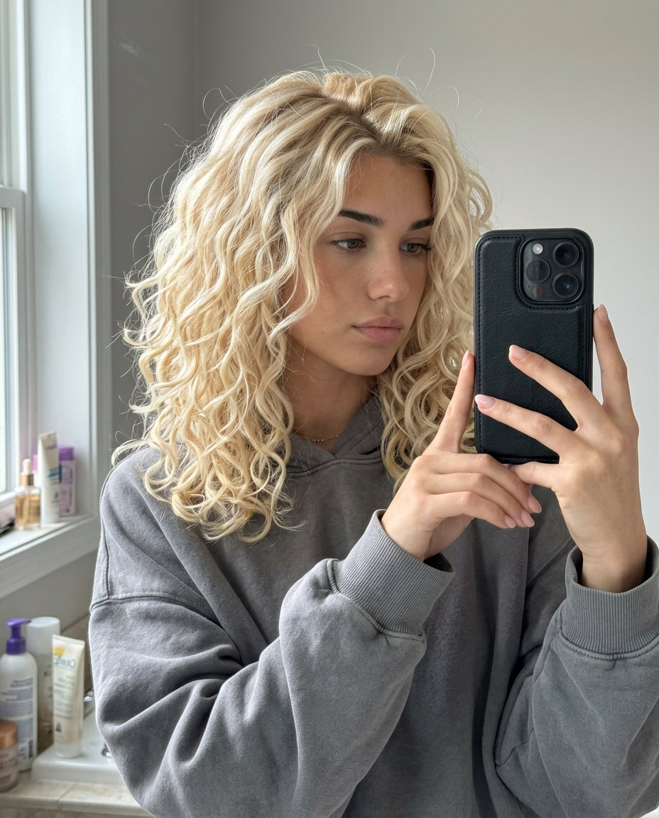 layered curly cut champagne honey blonde with white honey tones, natural hair for vibrant summer look