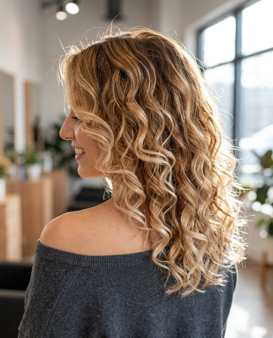 curly champagne honey blonde hair with deep honey melt, vibrant champagne ends, natural hair — vibrant festival