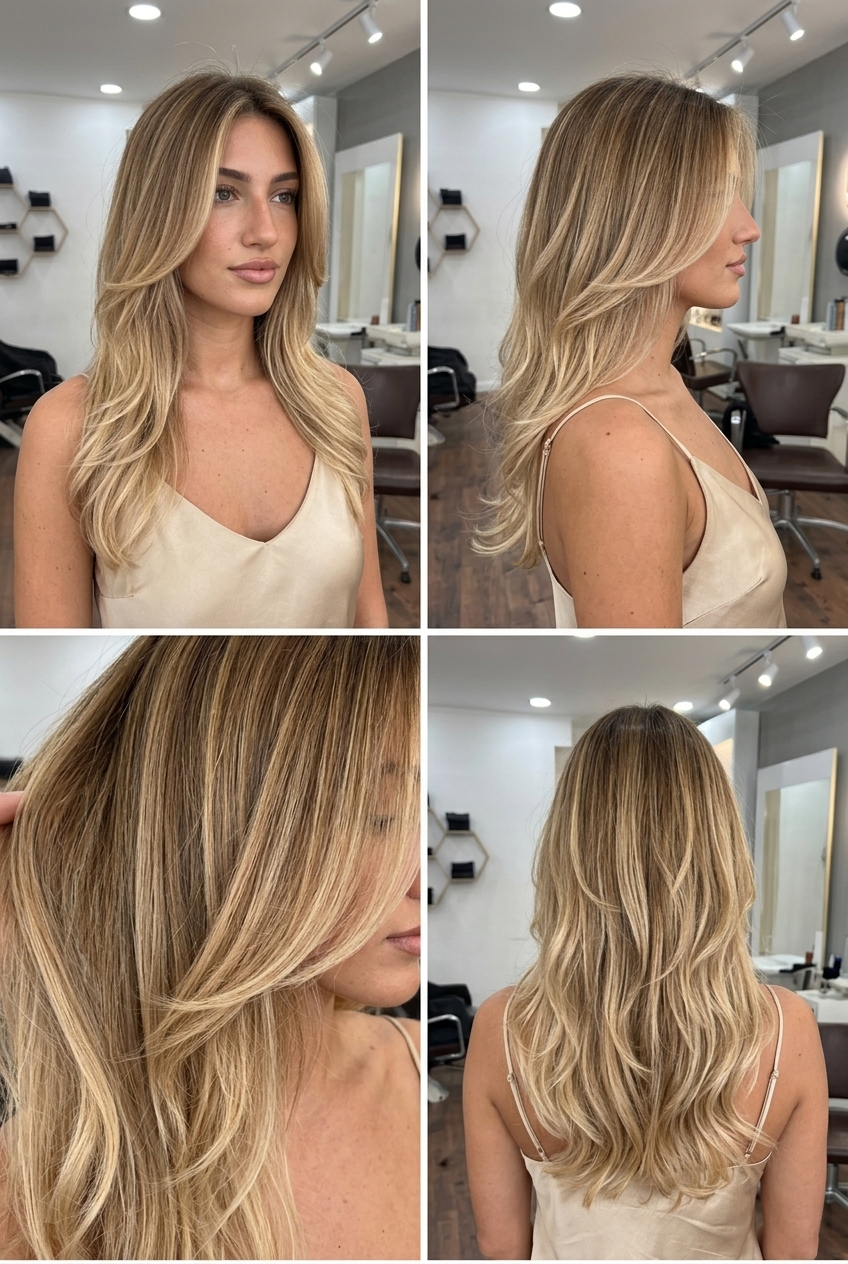 long layered waves champagne honey blonde with honeycomb melt, natural hair for romantic date night