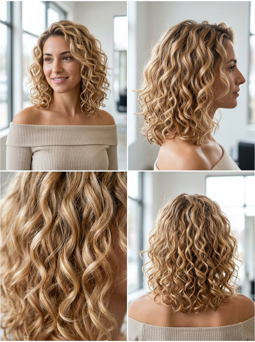 medium length layered curls champagne honey blonde with luminous glaze, natural hair for effortless vibrant look