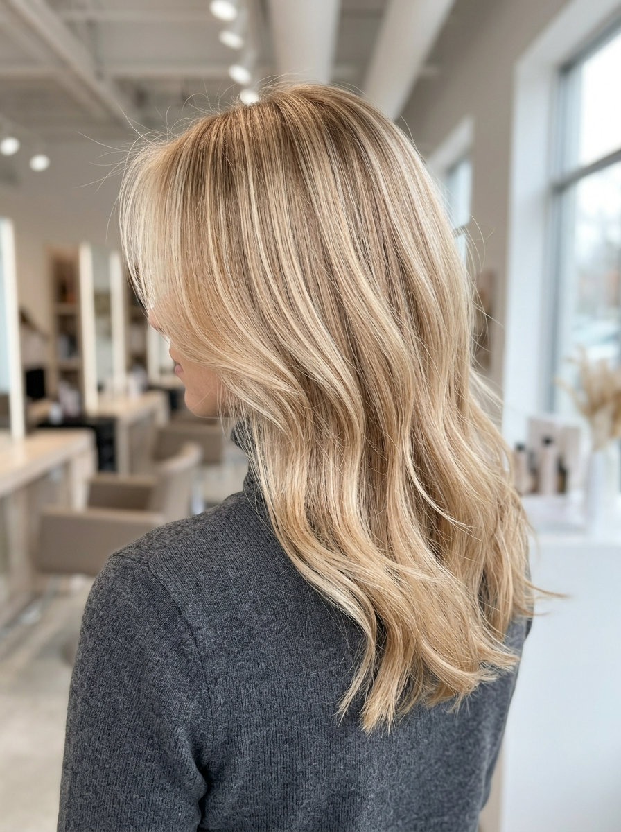 medium length face-framing champagne honey blonde with frosted hairline, natural hair for playful summer day