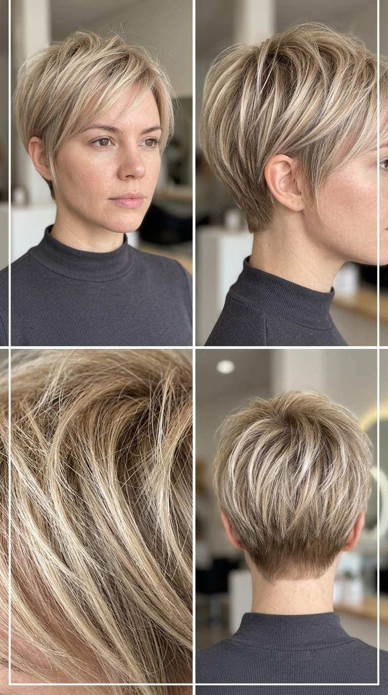 short razored pixie champagne honey blonde with nectar gold, natural hair for bold playful look