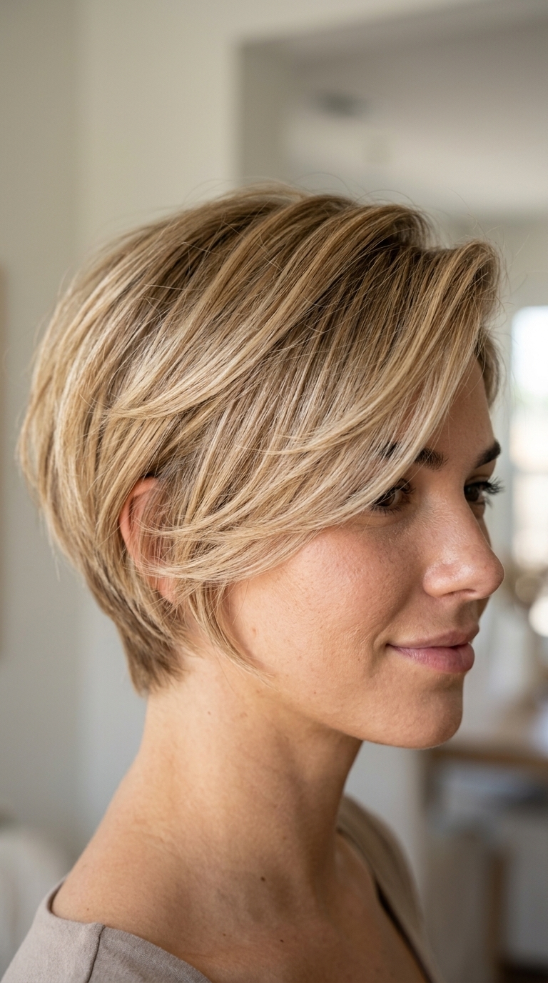 short razored pixie shag champagne honey blonde with babylights, natural hair for edgy playful look