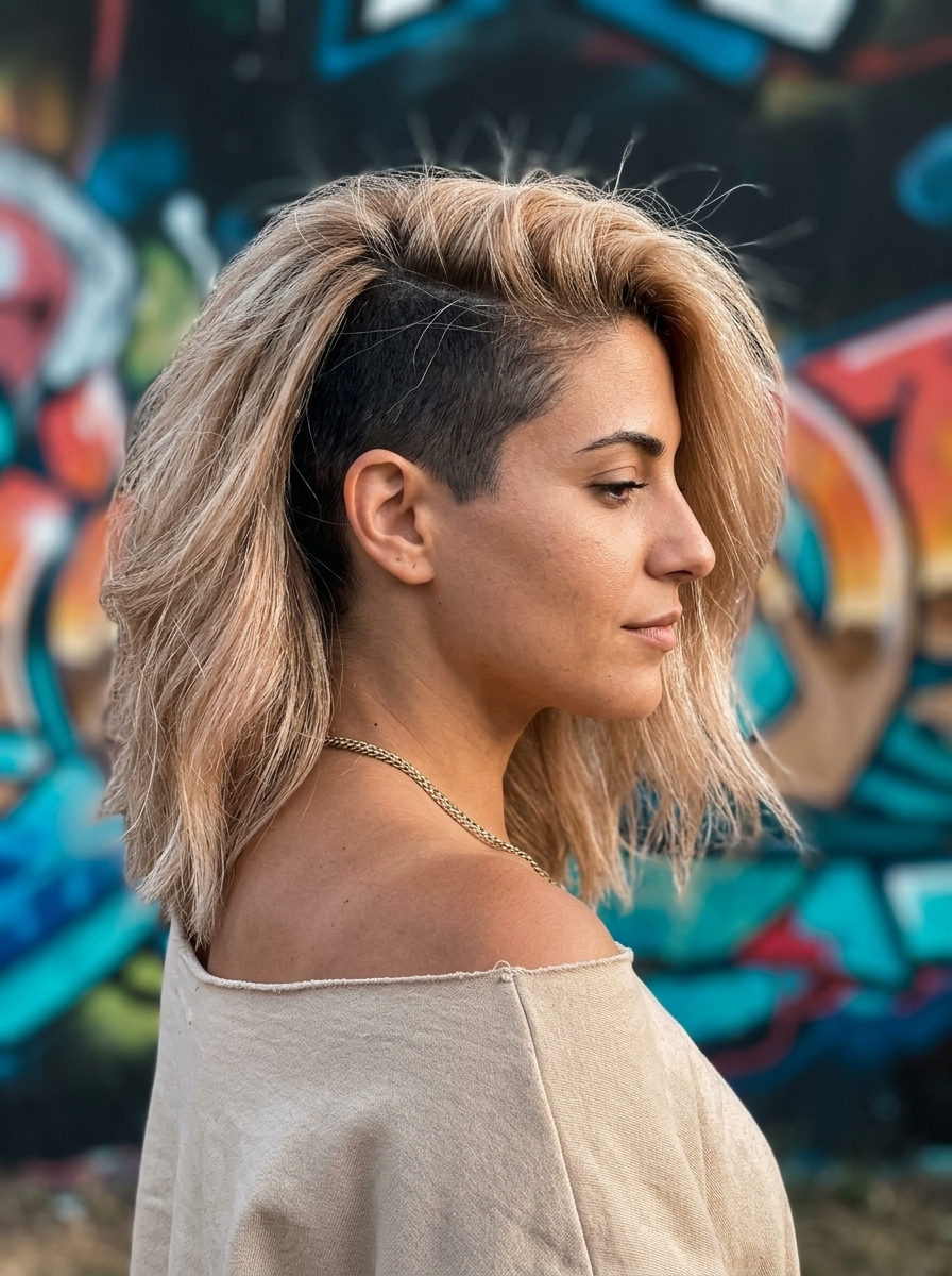 short undercut champagne honey blonde with natural dark root, textured top for edgy festival look