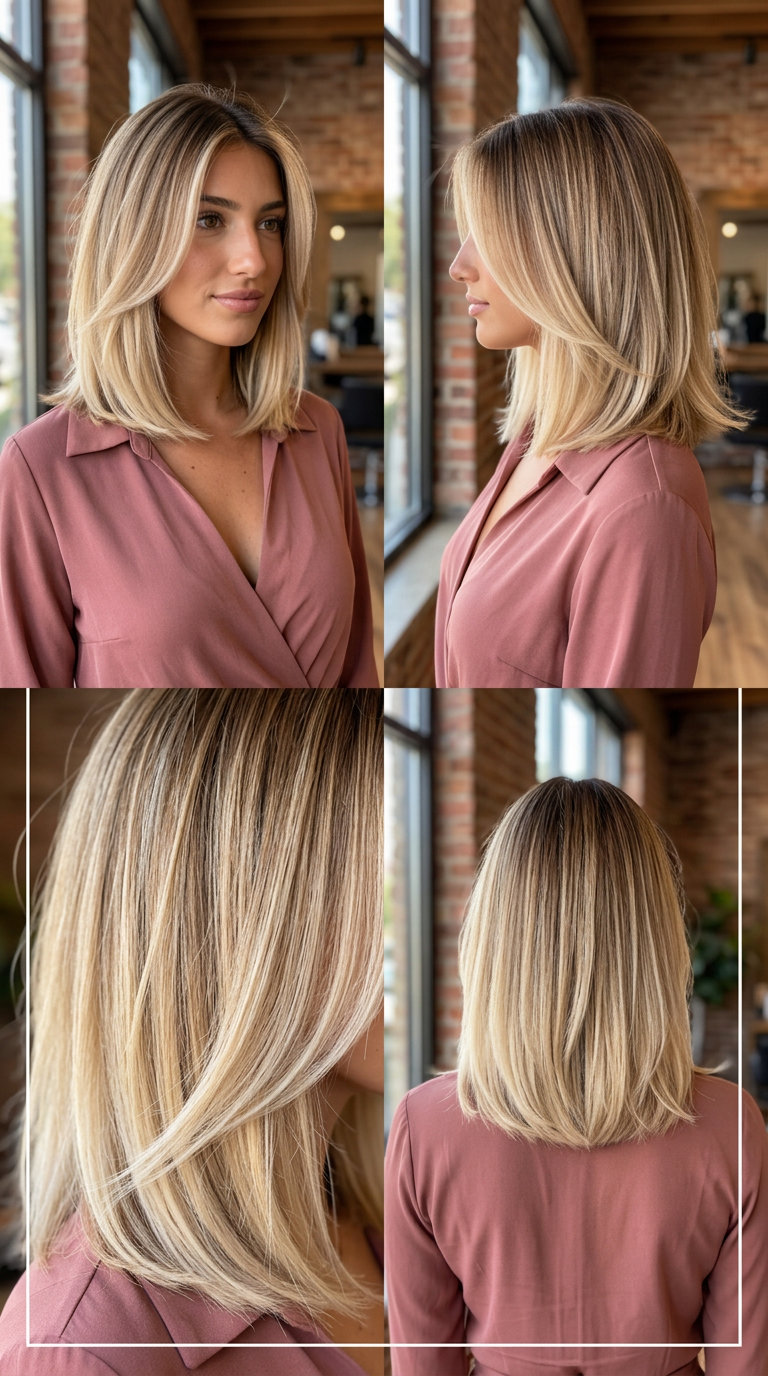 shoulder-length layered lob champagne honey blonde with root smudge, natural hair for sophisticated daily wear