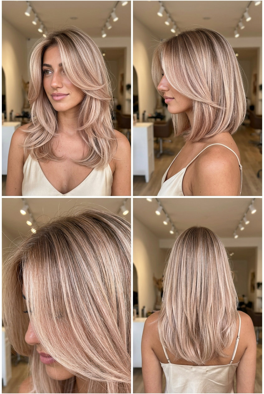 long champagne blonde balayage with rose gold and pale gold hints, soft root smudge, no fringe — romantic summer wedding guest