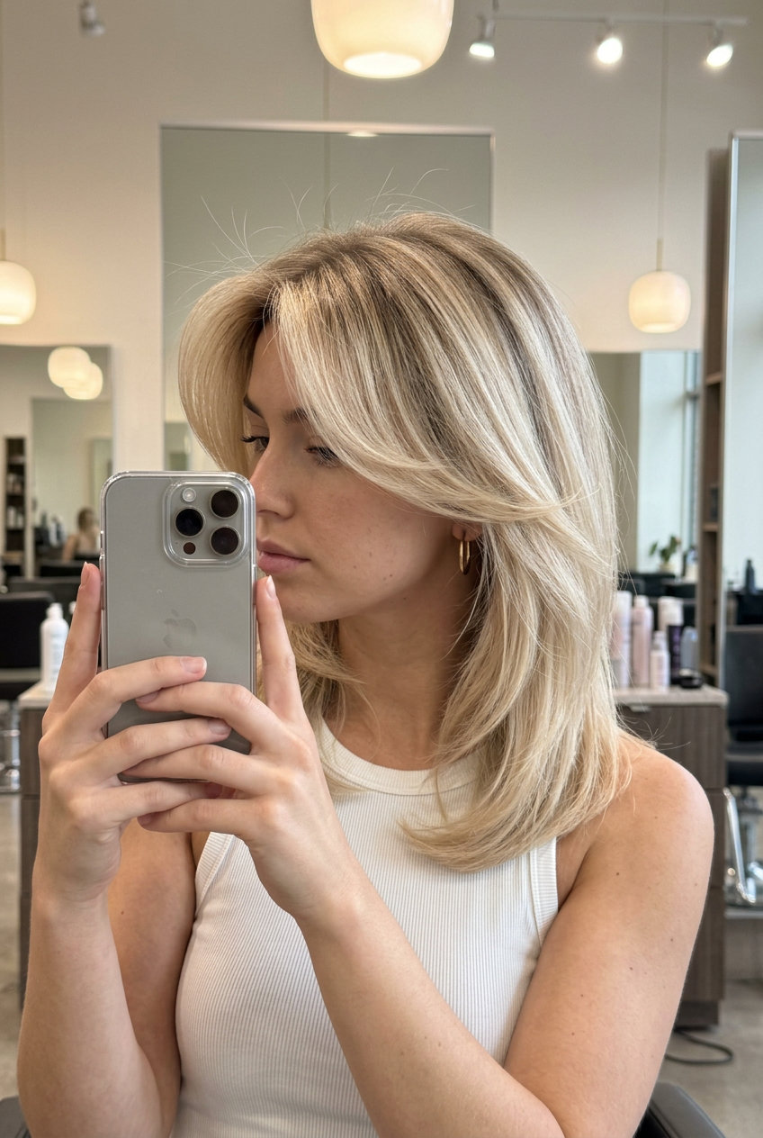 long bronde root shadow with champagne blonde, balayage highlights, soft waves — chic daily wear