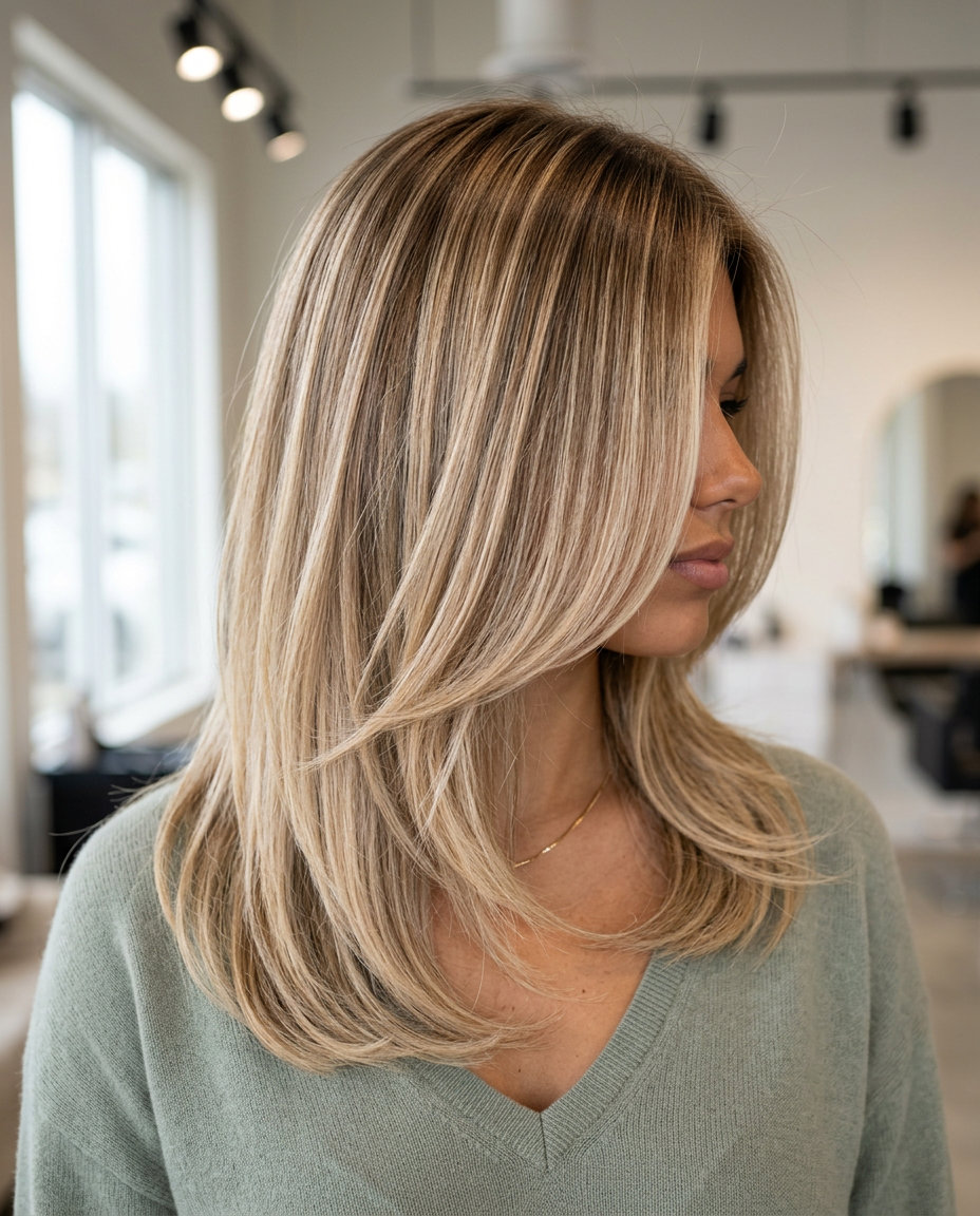 long champagne honey blonde hair with deep honey root smudge, sparkling champagne ends, natural hair — lived-in luxury