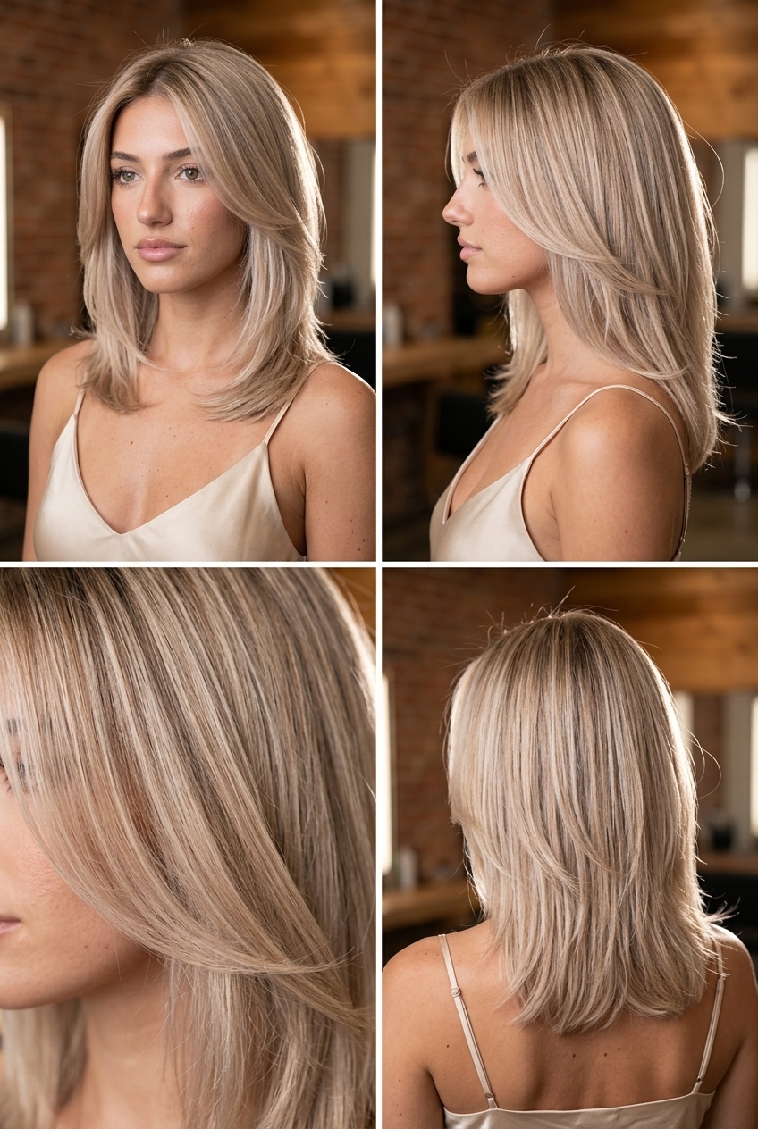 medium-length layered cut champagne toast blonde with babylights, clear acidic gloss overlay, no fringe — sophisticated formal event