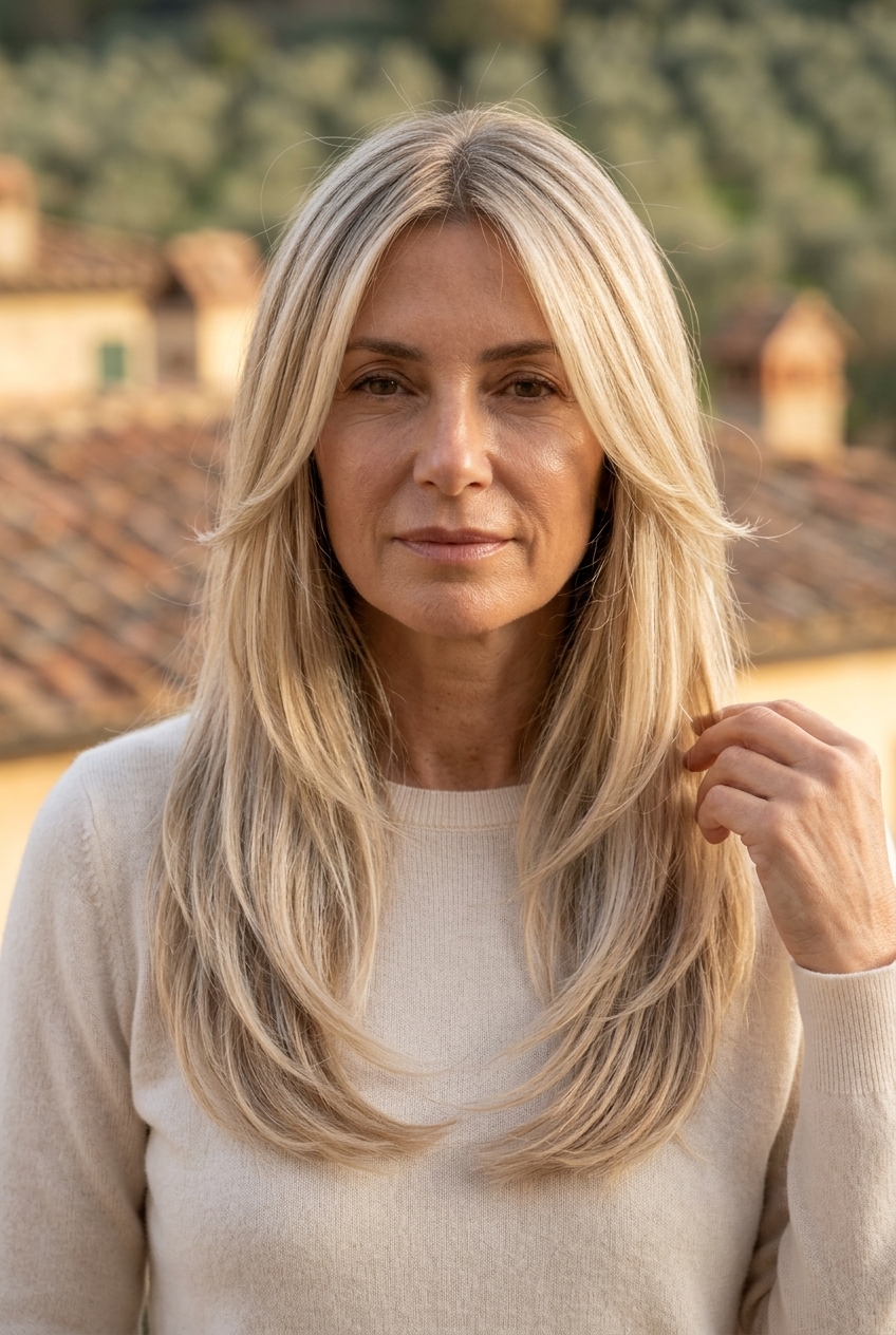Riviera Layers Haircut 2026: Glamorous Blonde long layered haircut in chantilly cream blonde with pale ash lowlights and face-framing pieces