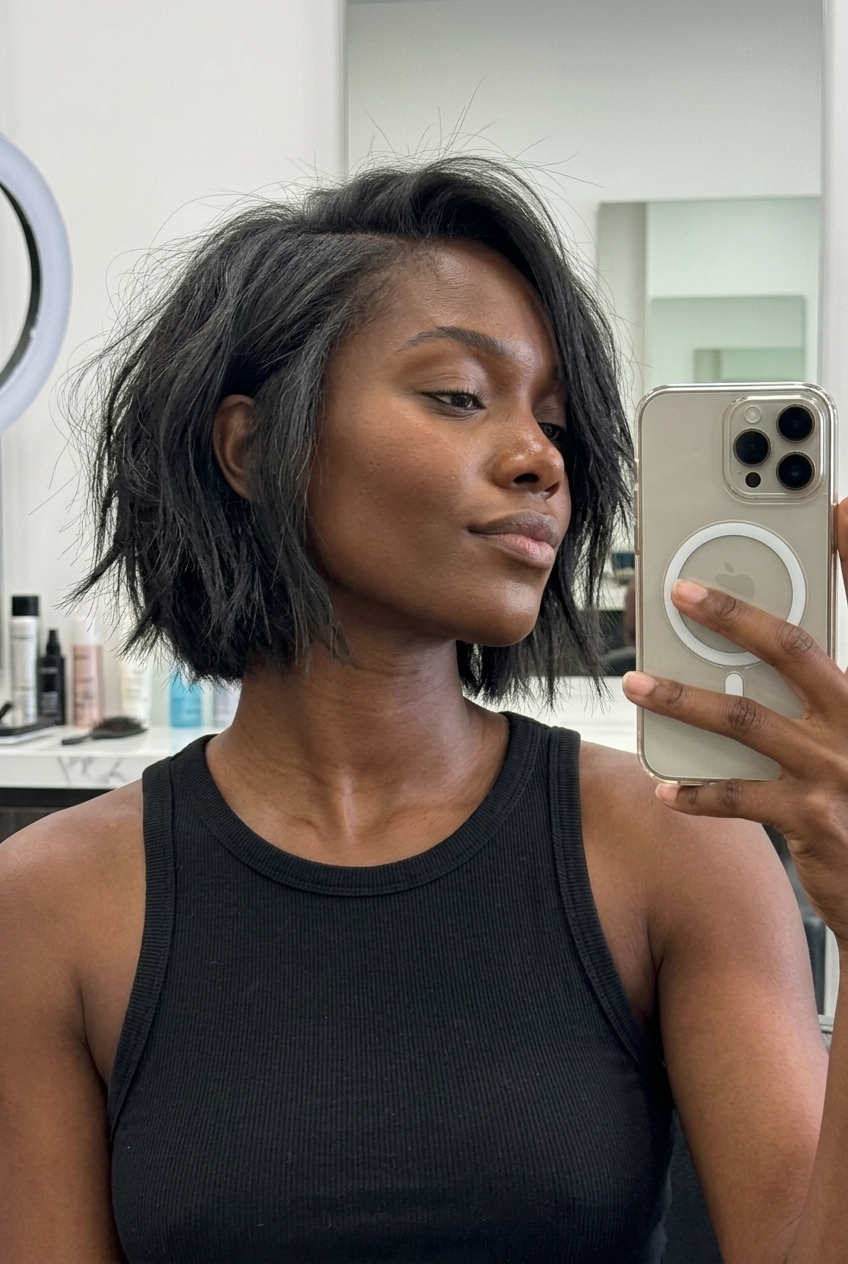 short charcoal black bob haircut with faded tones, jagged ends, no bangs — edgy rebellious
