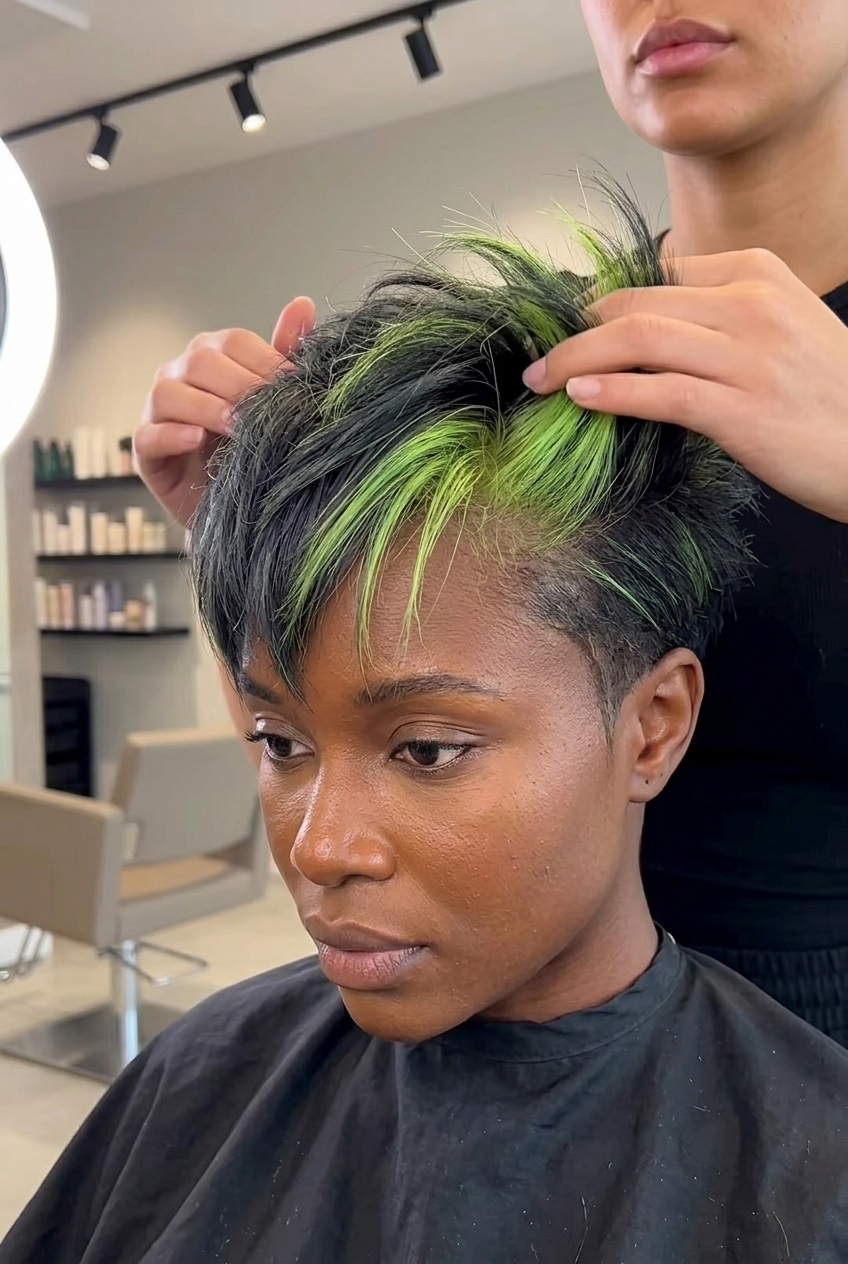 short razored pixie haircut with charcoal & cyber lime, textured layers, spiky fringe — edgy summer