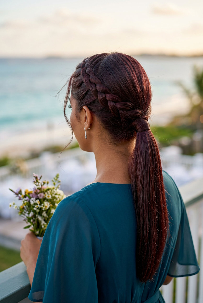 long midnight cherry brunette braided low ponytail with wrapped base for formal events