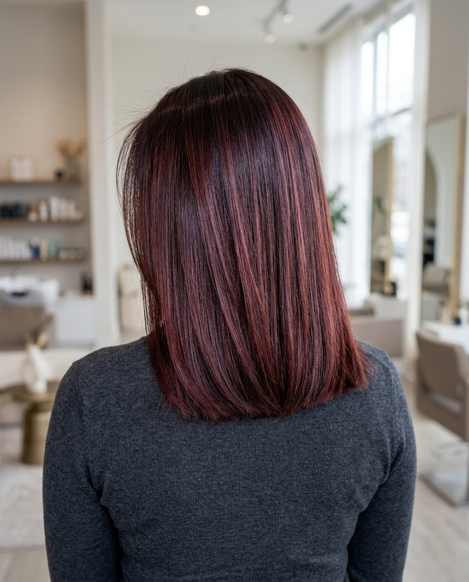medium-long cherry cola lob with violet reflects, A-line cut — bold