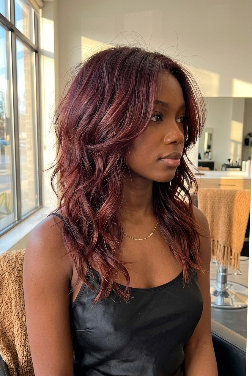 medium-length shag haircut in cherry cola auburn with violet undertones, wispy bottleneck bangs — edgy music festival style