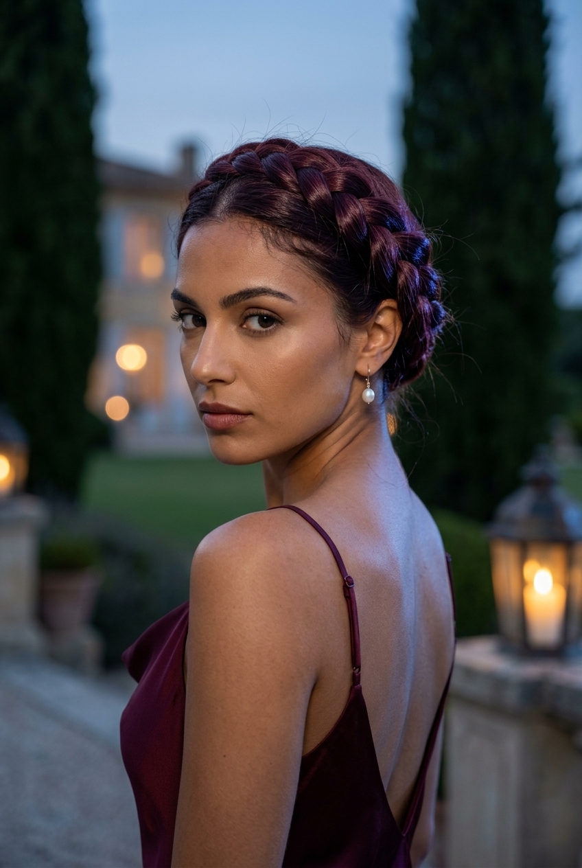 shoulder-length cherry cola red halo braid updo with sculpted Dutch braid and no bangs for date night