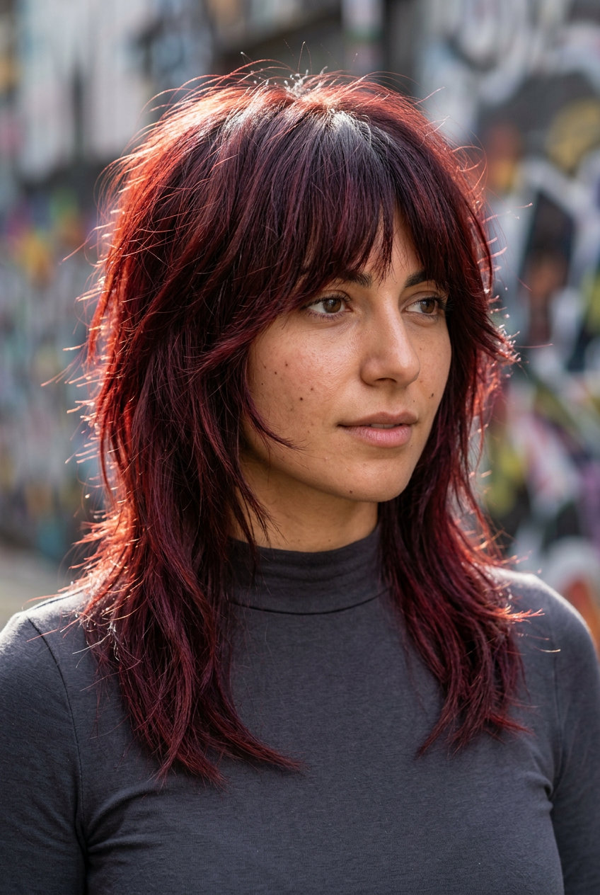 shoulder-length cherry cola wolf cut with red-violet undertones, choppy fringe — edgy, bold