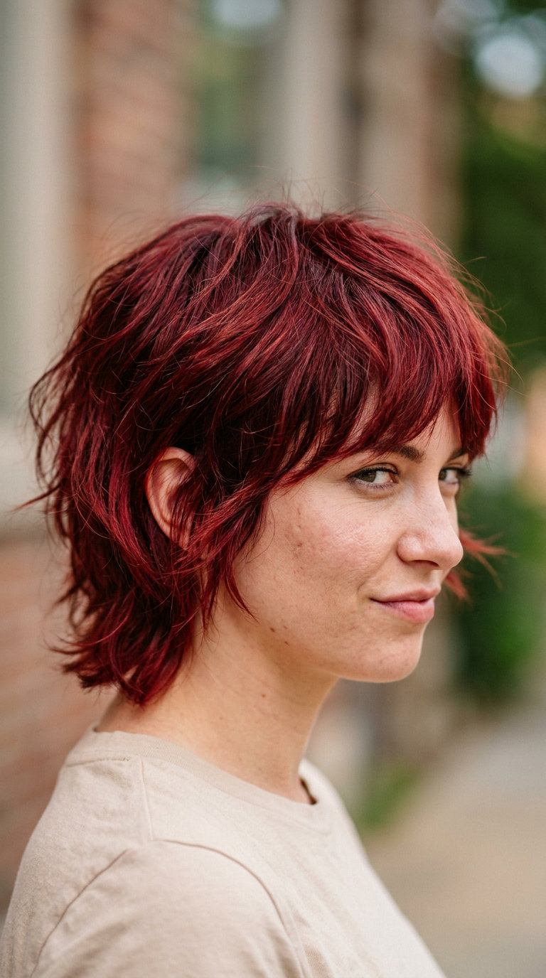 very short pixie haircut in deep cherry cola red with violet undertones, shaggy textured layers, playful mood