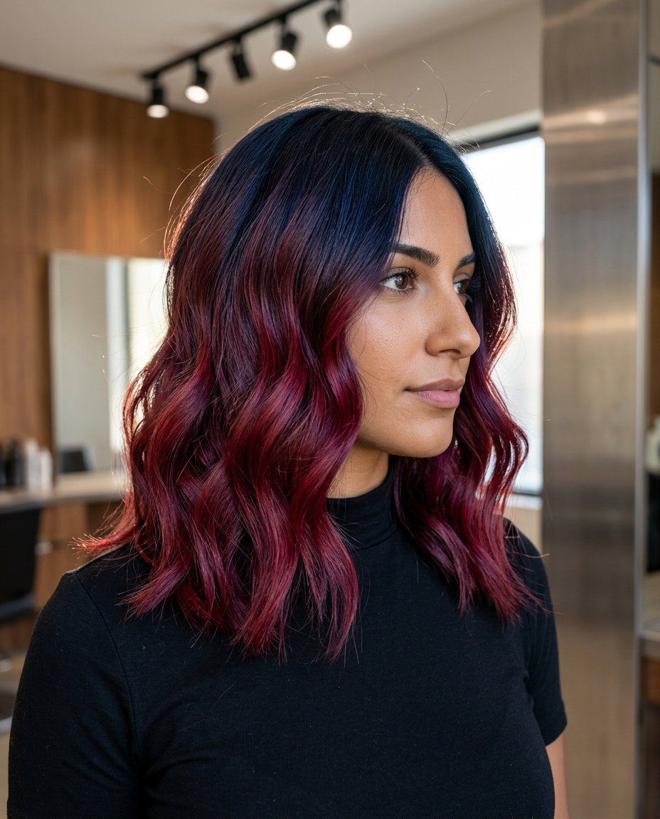 long cherry red ombre hair with blue-black to cool cherry red, color melt — bold festival style