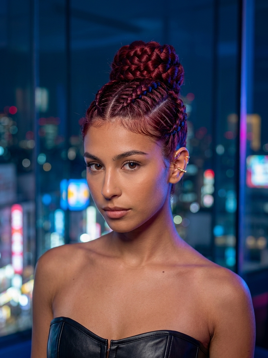 medium Dutch braid updo hairstyle with cherry red color, sculpted bun, and clean perimeter for formal events