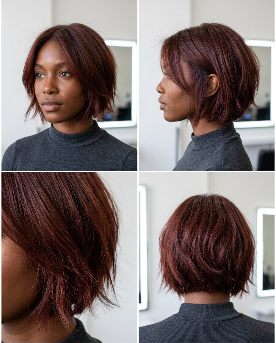 short cherry red french bob haircut with plum undertones, shattered texture, face-framing pieces — bold playful style