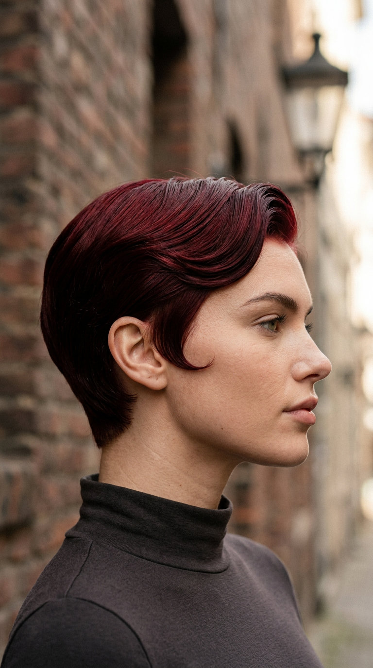 very short cherry red pixie haircut with violet undertones, sculpted taper, no fringe — dramatic evening look