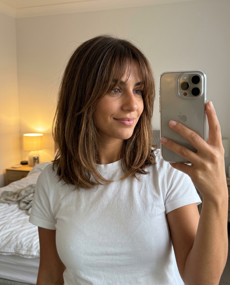 medium lob haircut with warm chestnut brunette & caramel babylights, diffused layers, messy fringe — playful, effortless