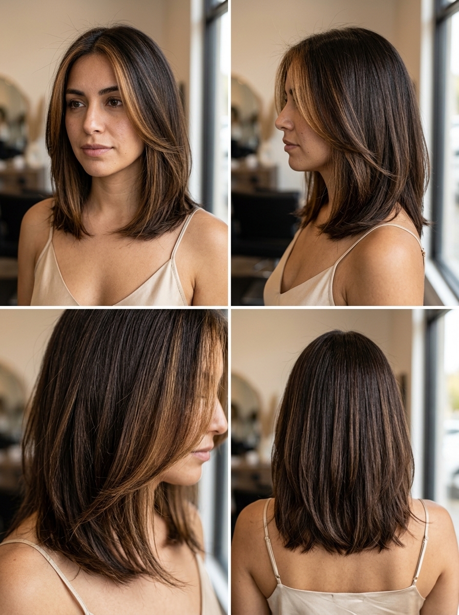 above-collarbone cut with deep chocolate, toffee money piece, and face-framing layers for summer