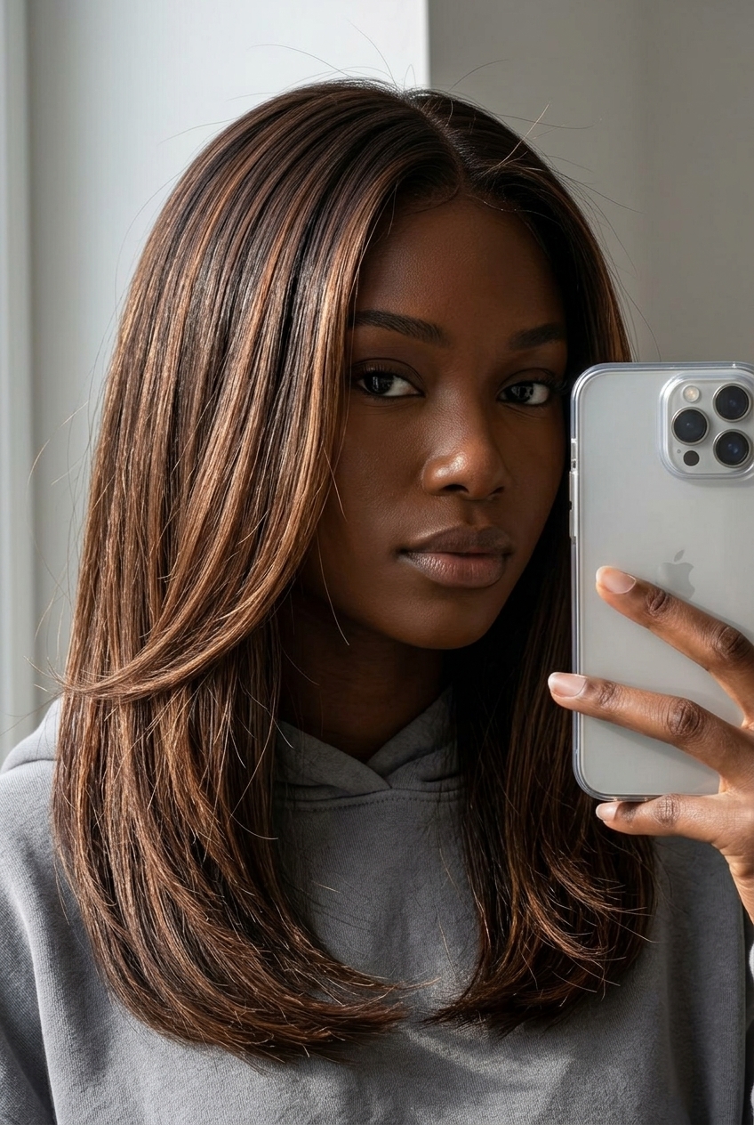 long molten chocolate-bronze highlights on espresso brown base with foilayage, luxurious shine — sophisticated event