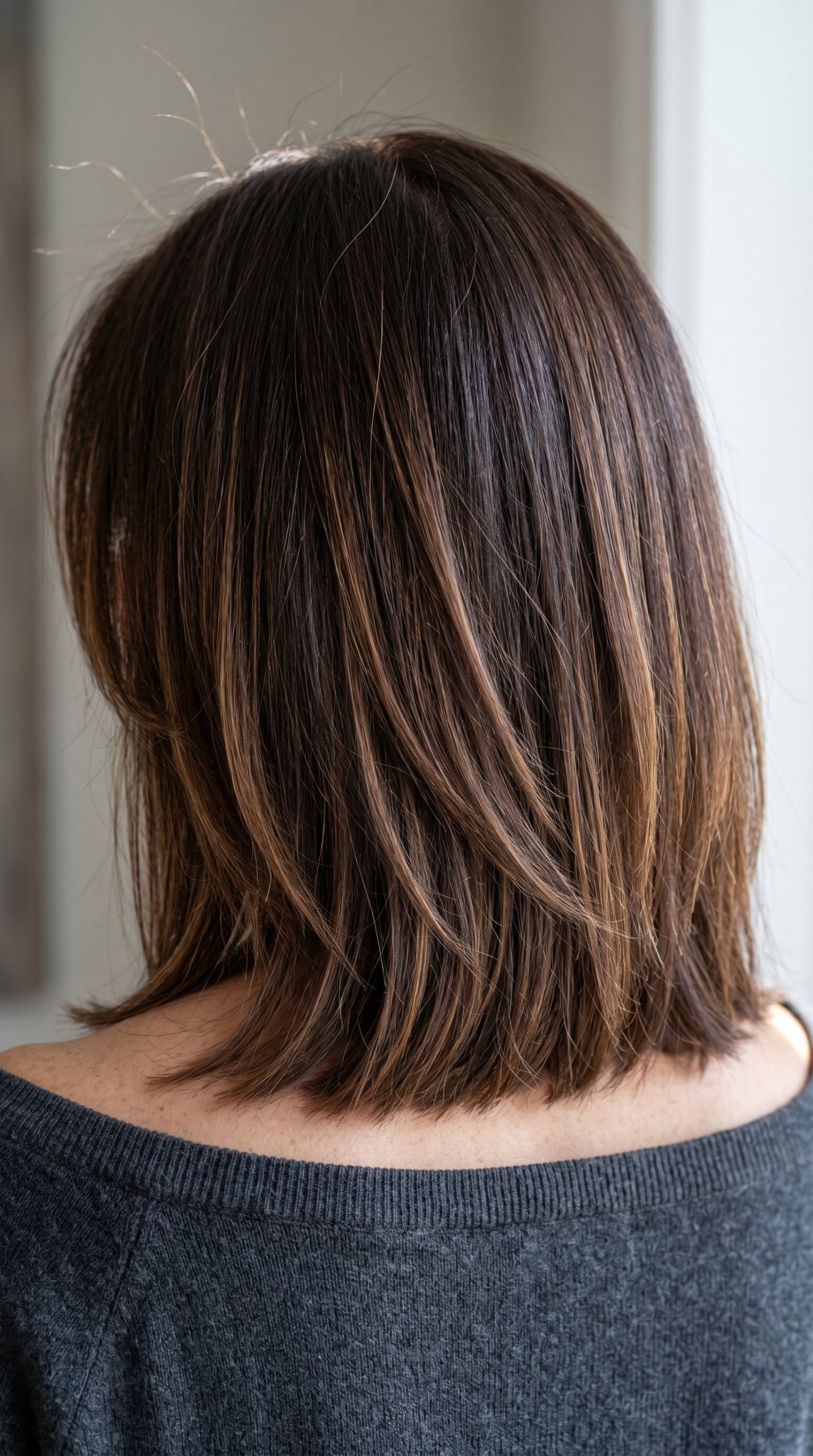 collarbone-length chocolate brown lob with caramel lowlights and minimal layers for casual wear