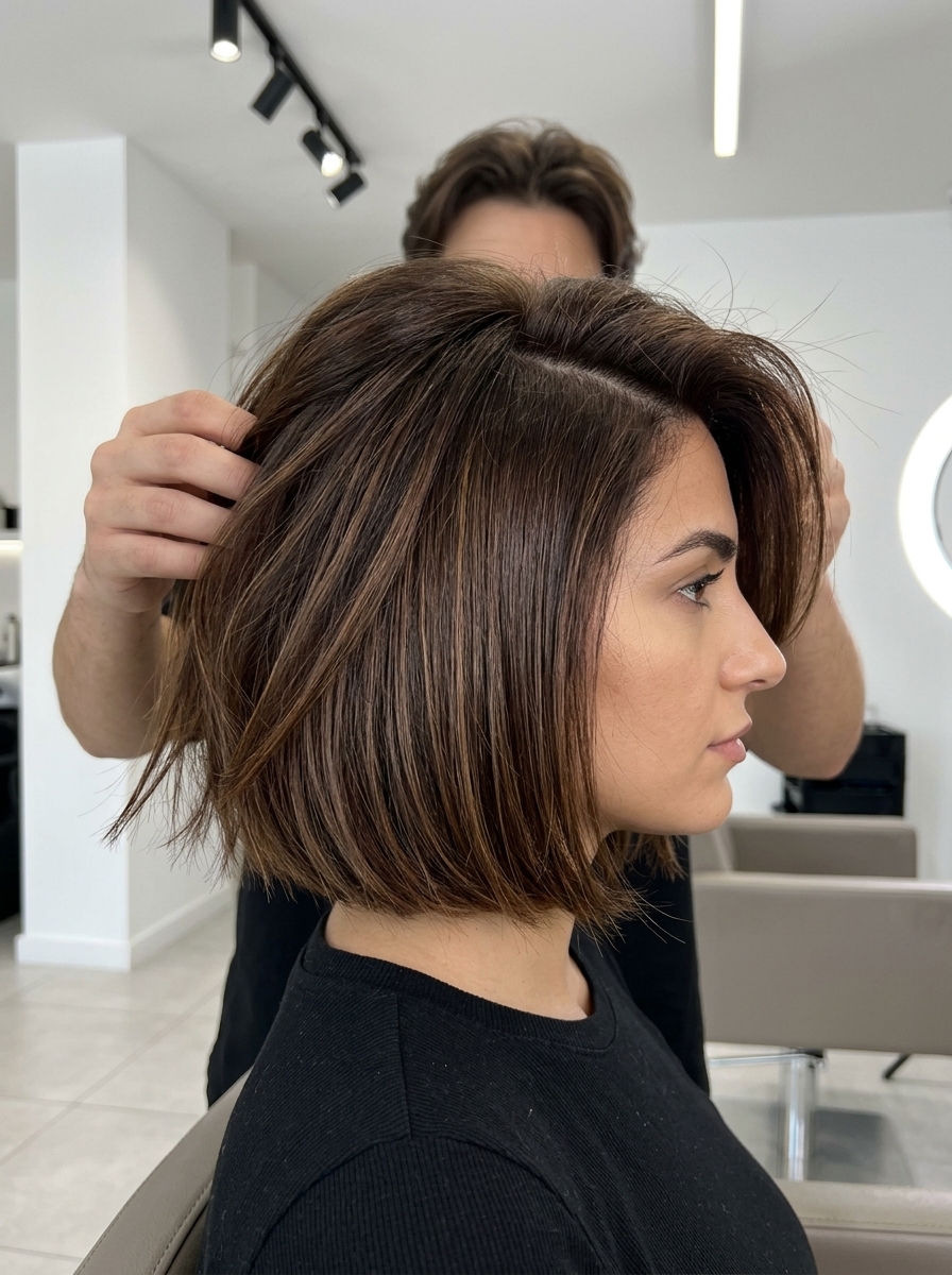 jaw-length messy bob haircut with chocolate brown, caramel lowlights and deep side part for summer