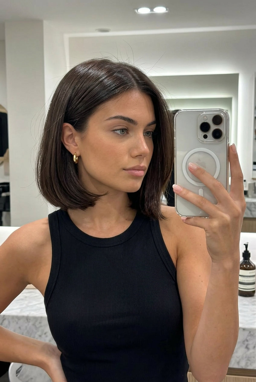 short chocolate brown french bob haircut with espresso undertones, blunt perimeter — sophisticated polished look