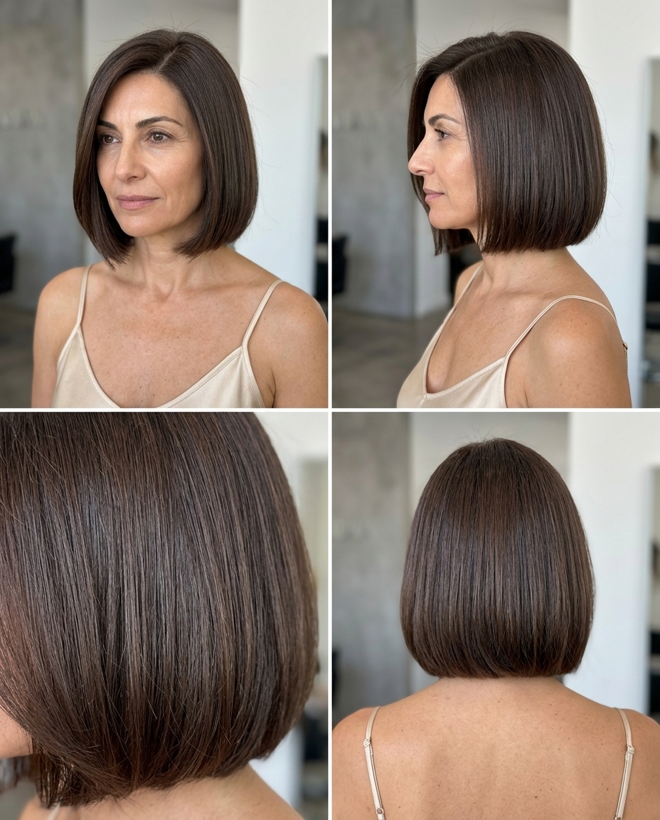 Parisian Micro-Bob Haircut 2026 short chocolate brown micro-bob haircut with cool undertones, blunt perimeter, no fringe — minimalist sophisticated
