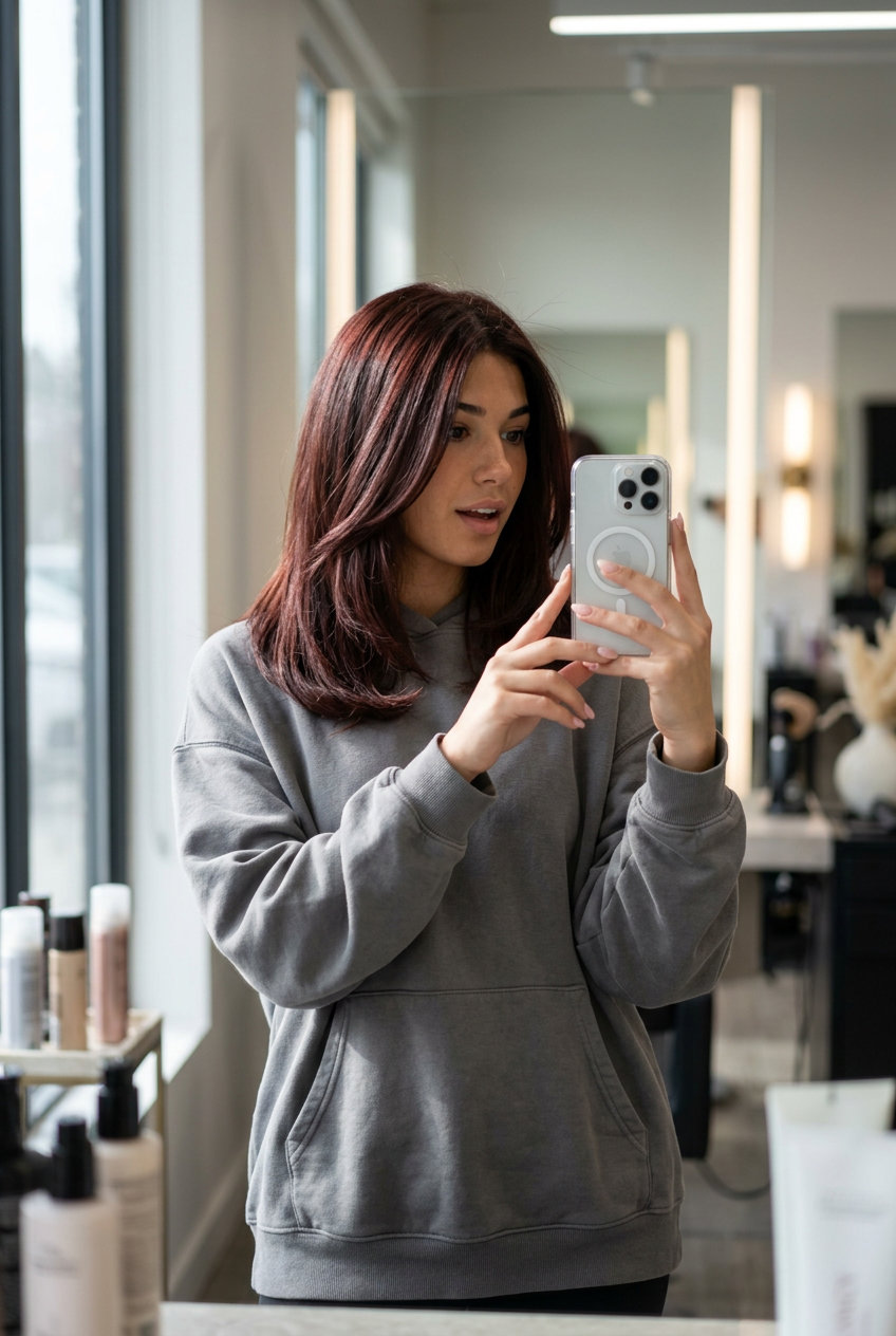 long blunt cut in chocolate brown with cherry red undertones, gloss for luminous shine