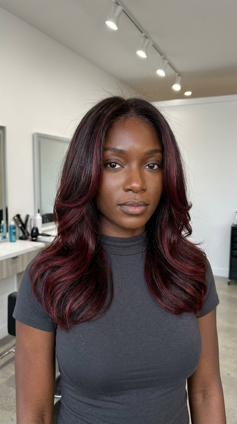 long chocolate cherry color melt with black cherry red ends, violet-red undertones — sultry date night style
