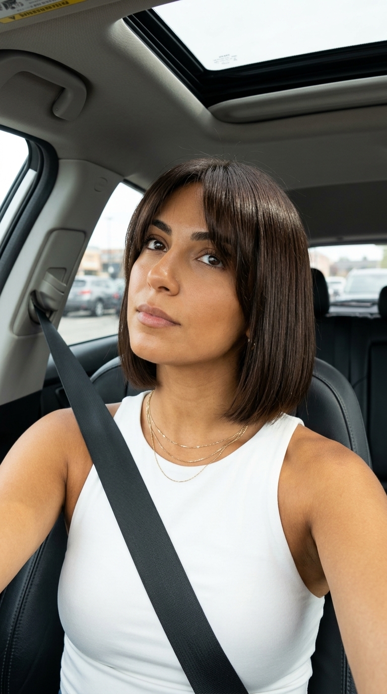 chin-length blunt bob with deep chocolate brown color and soft curtain bangs for summer