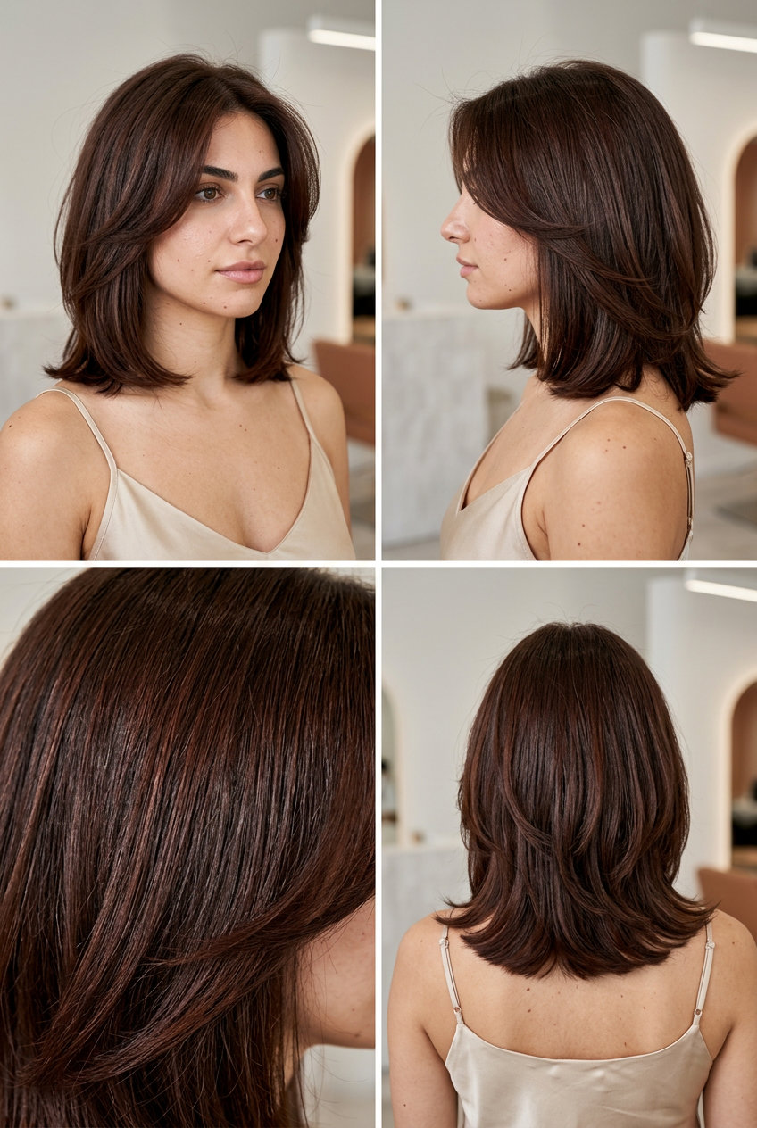 chin-length chocolate butterfly bob with dramatic layers and glossy finish for summer 2026