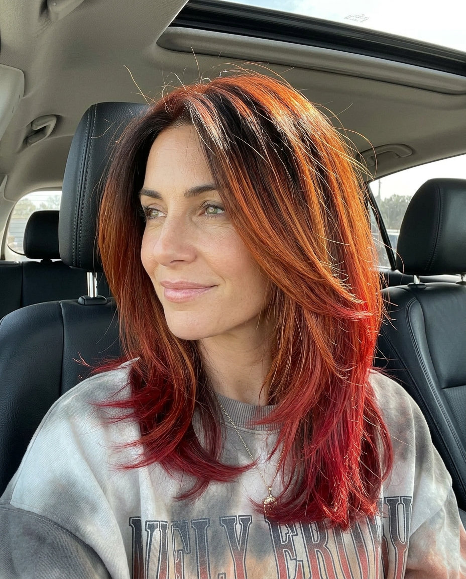 collarbone midi-cut with dark chocolate to copper-red ombré, internal layering, U-shape back — bold vibrant