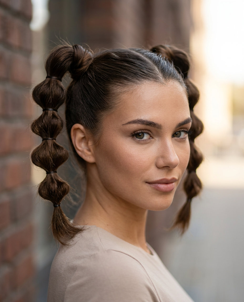 medium-long deep chocolate brown bubble buns with sculpted texture and center part for urban chic
