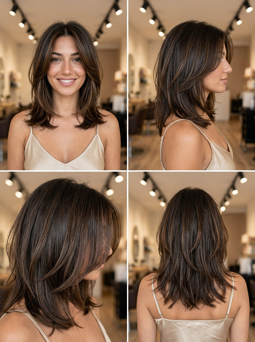 shoulder-length layered wolf cut in espresso brunette with chocolate balayage and soft face-framing for summer