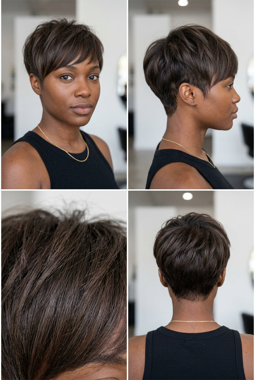 short pixie cut espresso brunette with soft fade and side-swept fringe for a chic look