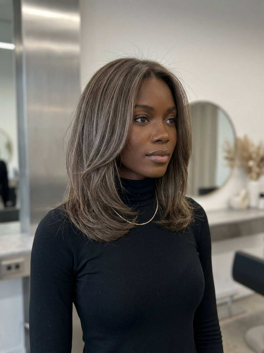 long cool ash babylights on neutral brown base with babylights, sophisticated dimension — minimalist professional