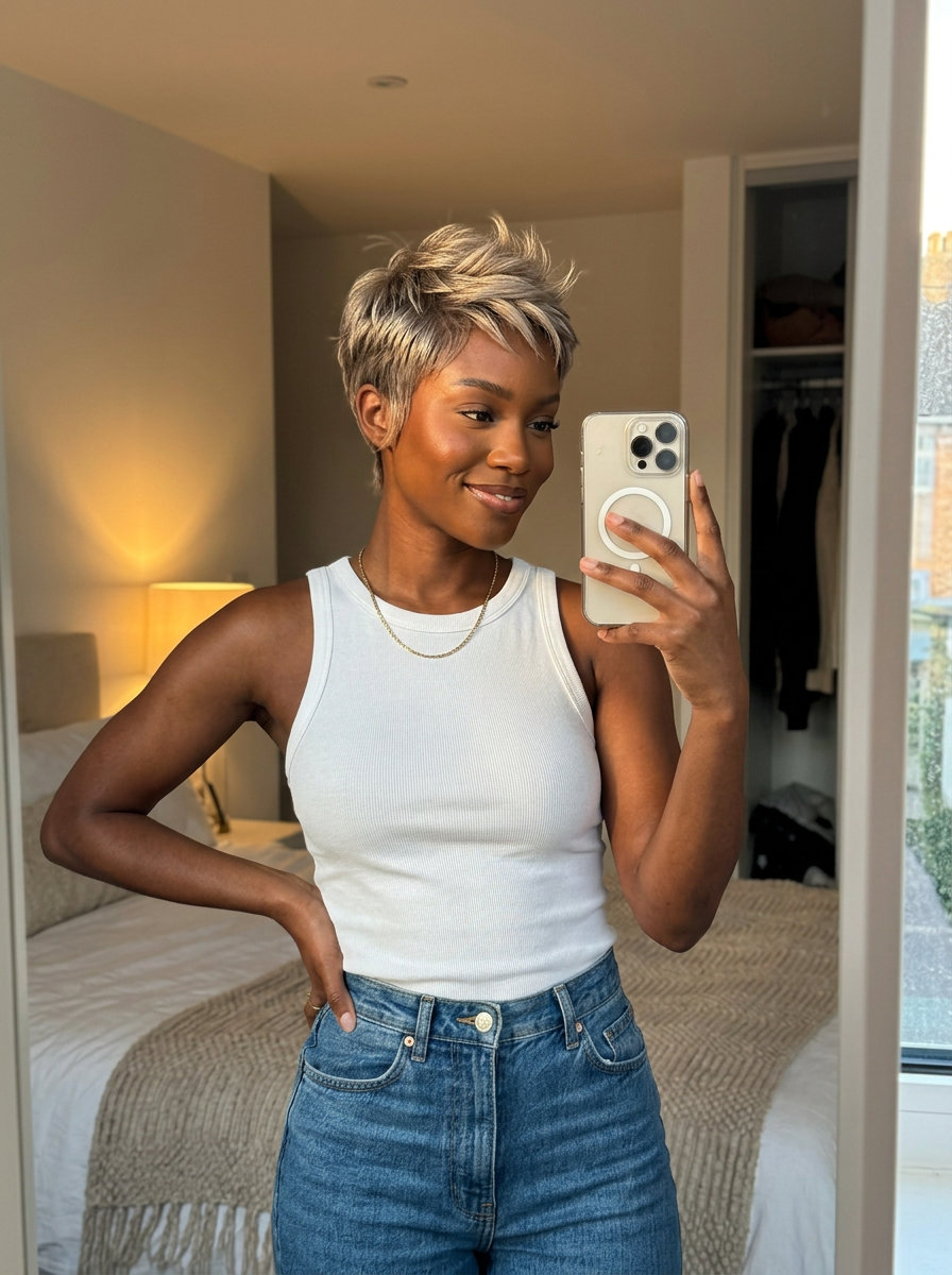 very short crop haircut in cool beige with ash blonde babylights and spiky texture for round faces