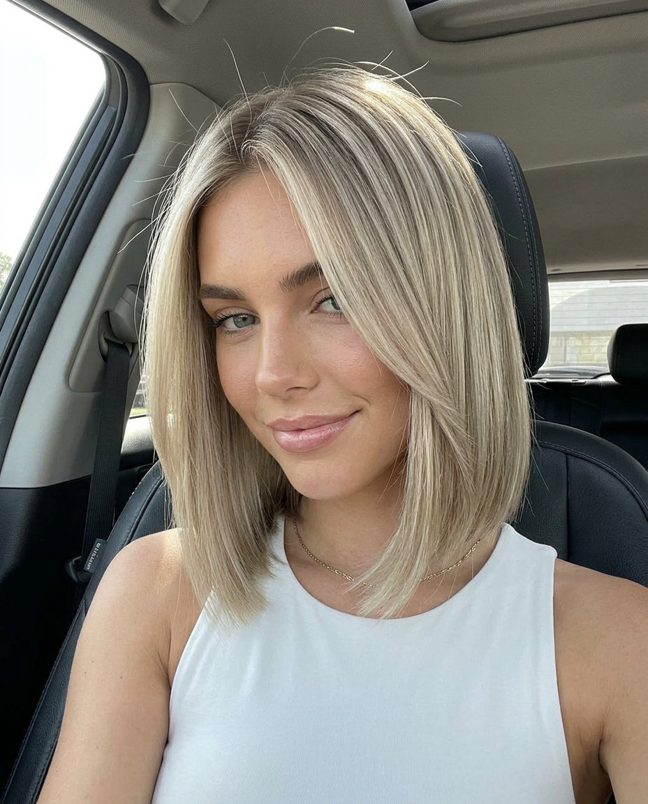 blunt bob cool beige blonde with ash undertones and root smudge for professional chic