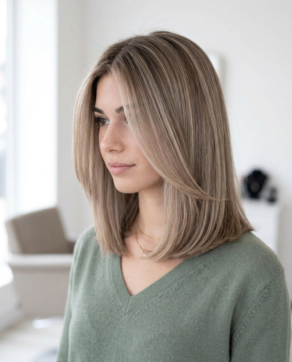 long soft blunt midi iced chai bronde with cool creamy beige, babylights, no fringe — chic, polished, modern