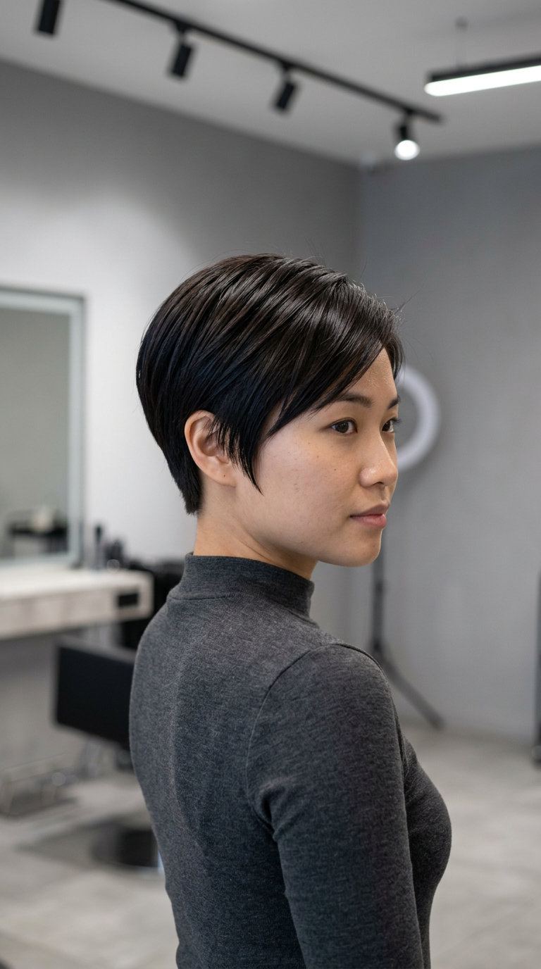 short espresso brunette pixie haircut with cool black undertones, sculpted razor cut, and tapered nape for an edgy look