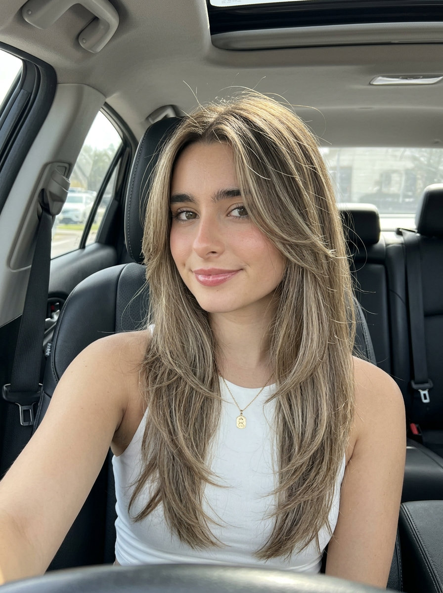 long haircut with soft sweeping layers in cool brown with muted sandy blonde balayage for round faces