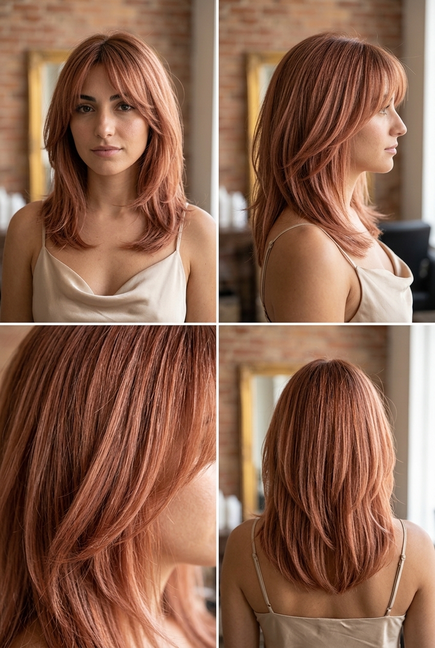 medium butterfly lob haircut in cool copper with rose gold undertones, curtain bangs — romantic